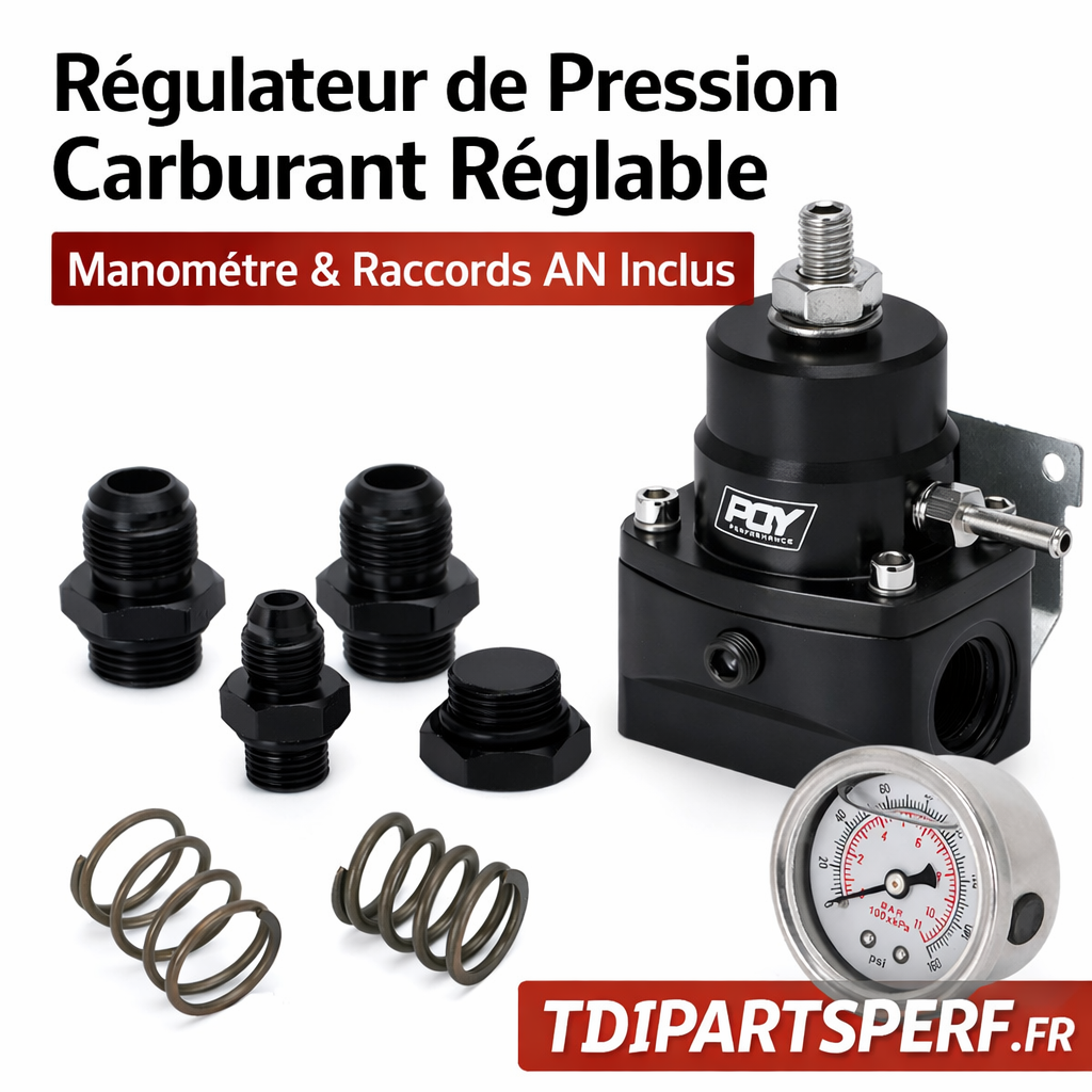 Régulateur de Pression Carburant Réglable avec Manomètre & Raccords AN Fournis